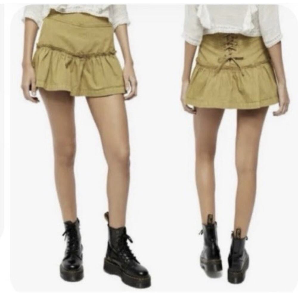 Free People Positano Lace Up Mini Skirt Ruffle Green Olive Size 8